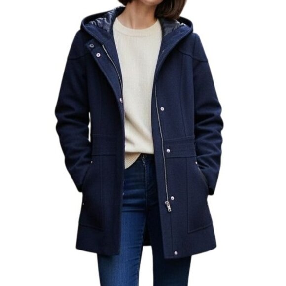 Guess Jackets & Blazers - GUESS Los Angeles Women’s Wool Blend Hooded Pea Coat Navy Large